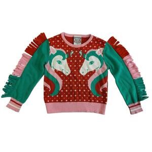 Well Worn Toddler Girls Unicorn Holiday Sweater 2T Red Green Pink Velour Fringe